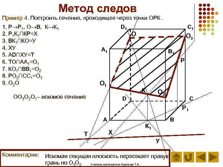 Метод следов Пример 4. Построить сечение, проходящее через точки ОРК. D 1 1. Р→Р