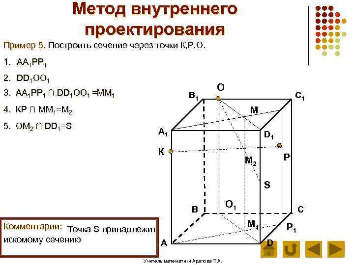 Метод внутреннего проектирования Пример 5. Построить сечение через точки К, Р, О. 1. АА