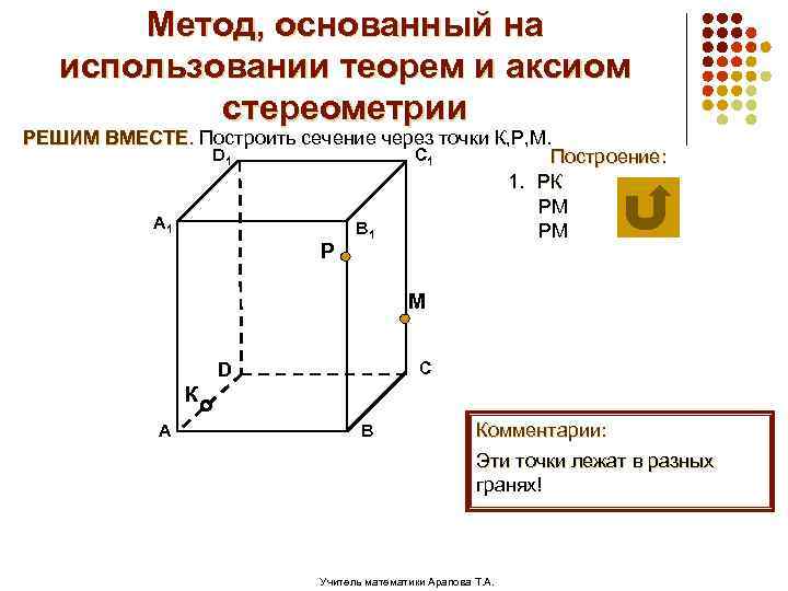 Метод, основанный на использовании теорем и аксиом стереометрии РЕШИМ ВМЕСТЕ. Построить сечение через точки