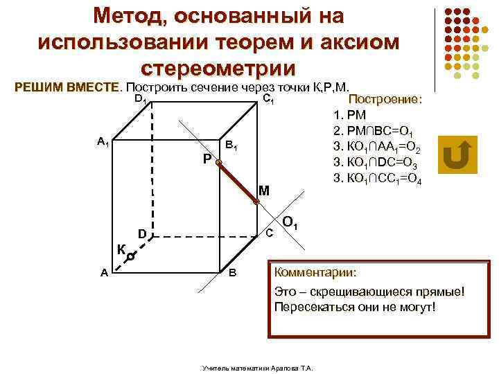 Метод, основанный на использовании теорем и аксиом стереометрии РЕШИМ ВМЕСТЕ. Построить сечение через точки