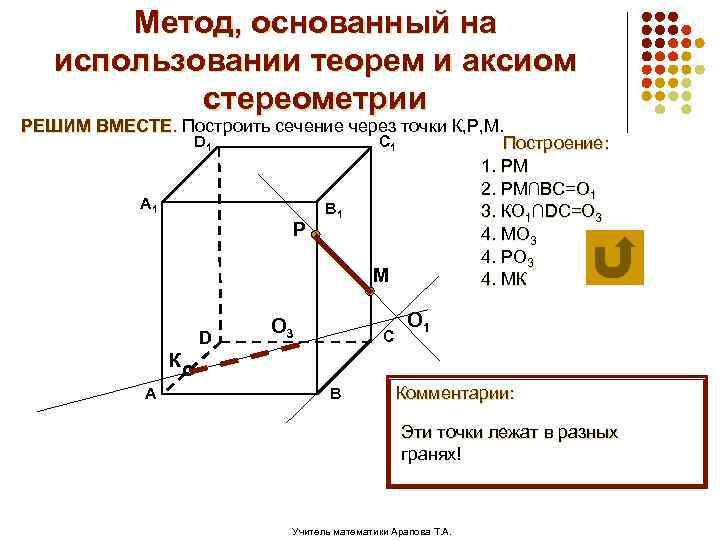 Метод, основанный на использовании теорем и аксиом стереометрии РЕШИМ ВМЕСТЕ. Построить сечение через точки