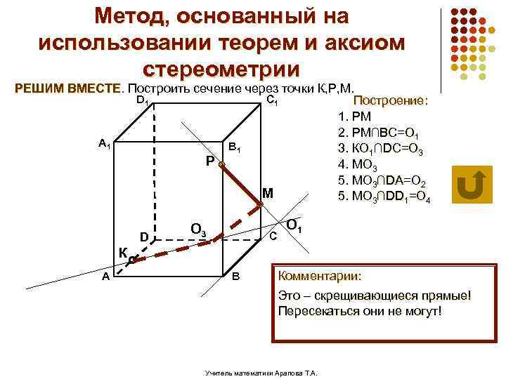 Метод, основанный на использовании теорем и аксиом стереометрии РЕШИМ ВМЕСТЕ. Построить сечение через точки