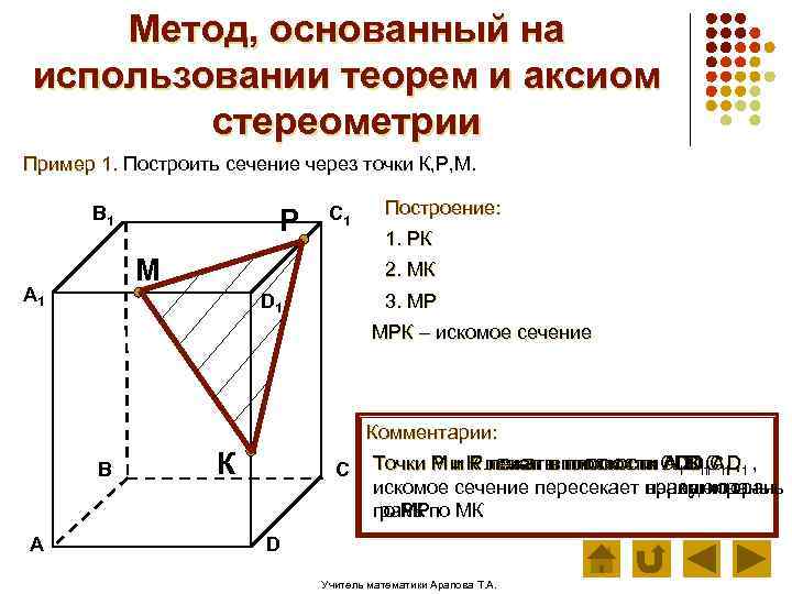 Метод, основанный на использовании теорем и аксиом стереометрии Пример 1. Построить сечение через точки