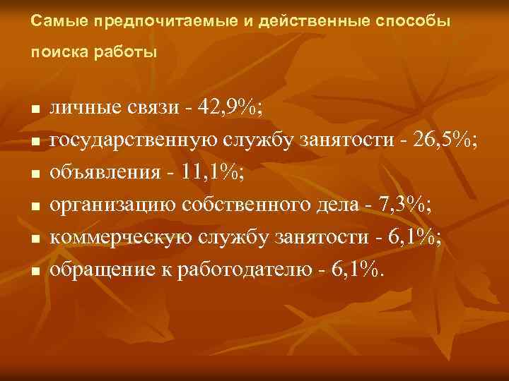 Самые предпочитаемые и действенные способы поиска работы n n n личные связи - 42,