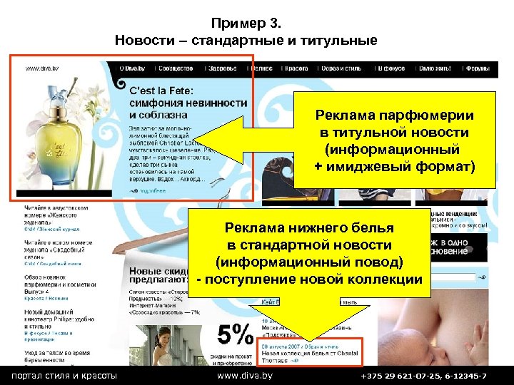 Пример 3. Новости – стандартные и титульные Реклама парфюмерии в титульной новости (информационный +