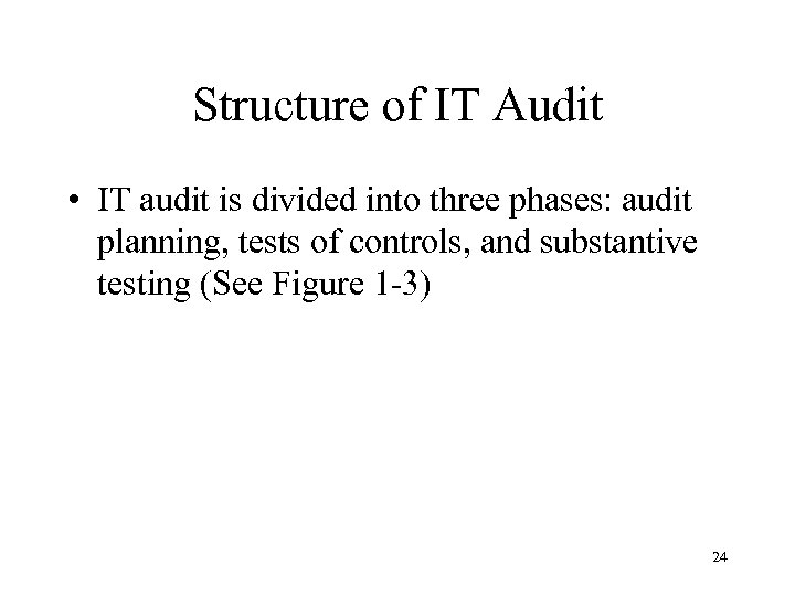 Structure of IT Audit • IT audit is divided into three phases: audit planning,