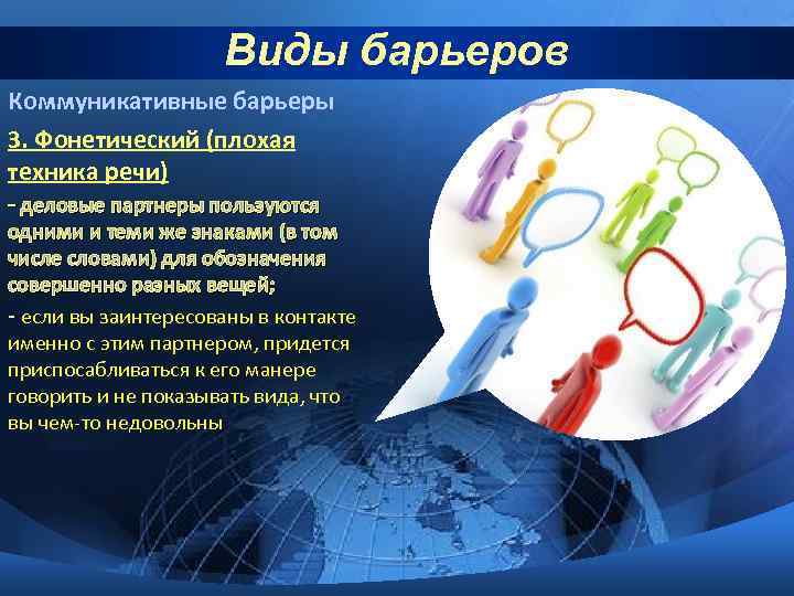 Виды барьеров Коммуникативные барьеры 3. Фонетический (плохая техника речи) - деловые партнеры пользуются одними