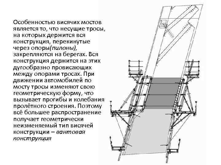 Особенностью висячих мостов является то, что несущие тросы, на которых держится вся конструкция, перекинутые