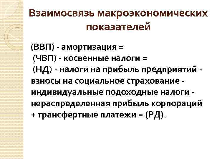 Взаимосвязь макроэкономических показателей (ВВП) - амортизация = (ЧВП) - косвенные налоги = (НД) -