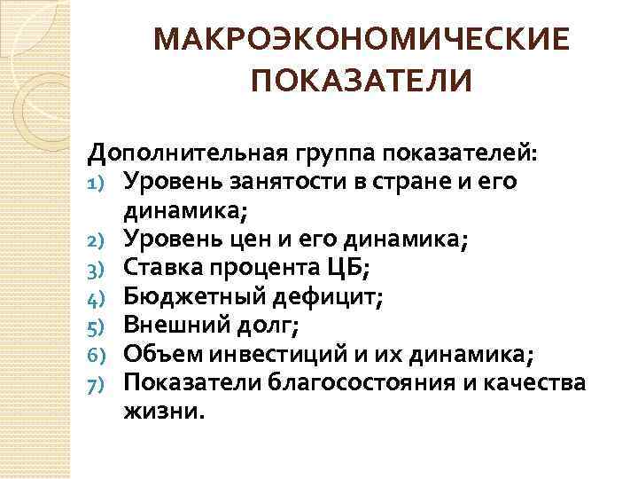 МАКРОЭКОНОМИЧЕСКИЕ ПОКАЗАТЕЛИ Дополнительная группа показателей: 1) Уровень занятости в стране и его динамика; 2)