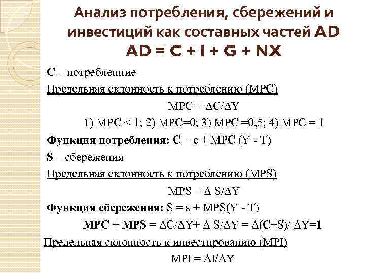 Анализ потребления, сбережений и инвестиций как составных частей AD AD = C + I