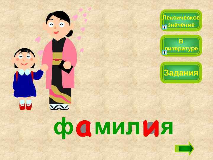 Лексическое значение В литературе Задания ф мил я 