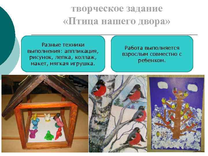 творческое задание «Птица нашего двора» Разные техники выполнения: аппликация, рисунок, лепка, коллаж, макет, мягкая