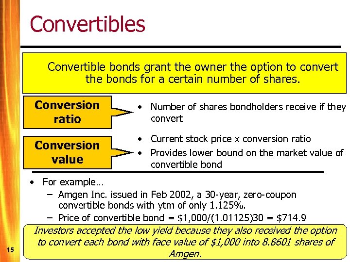 Convertibles Convertible bonds grant the owner the option to convert the bonds for a