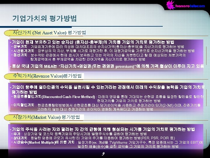 기업가치의 평가방법 자산가치 (Net Asset Value) 평가방법 - 기업이 현재 보유하고 있는 순자산 (총자산-총부채)의