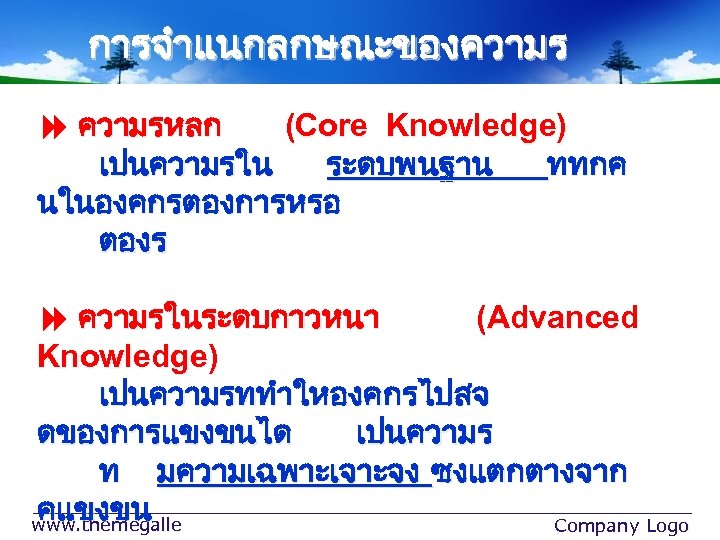 การจำแนกลกษณะของความร ความรหลก (Core Knowledge) เปนความรใน ระดบพนฐาน ททกค นในองคกรตองการหรอ ตองร ความรในระดบกาวหนา (Advanced Knowledge) เปนความรททำใหองคกรไปสจ ดของการแขงขนได