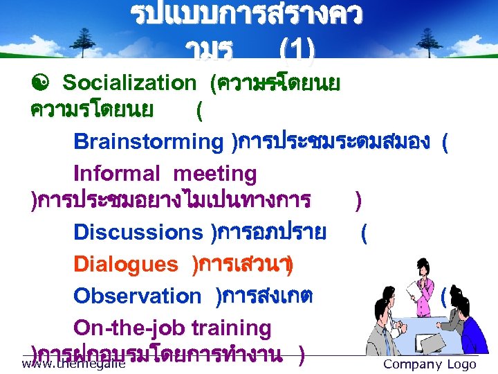 รปแบบการสรางคว ามร (1) Socialization (ความรโดยนย ( Brainstorming )การประชมระดมสมอง ( Informal meeting )การประชมอยางไมเปนทางการ ) Discussions