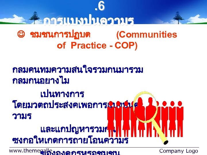 . 6 การแบงปนความร ชมชนการปฏบต (Communities of Practice - COP) กลมคนทมความสนใจรวมกนมารวม กลมกนอยางไม เปนทางการ โดยมวตถประสงคเพอการแบงปนค วามร