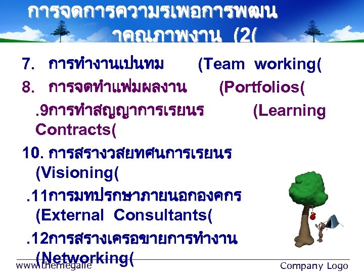 การจดการความรเพอการพฒน าคณภาพงาน (2( 7. การทำงานเปนทม (Team working( 8. การจดทำแฟมผลงาน (Portfolios(. 9การทำสญญาการเรยนร (Learning Contracts( 10.