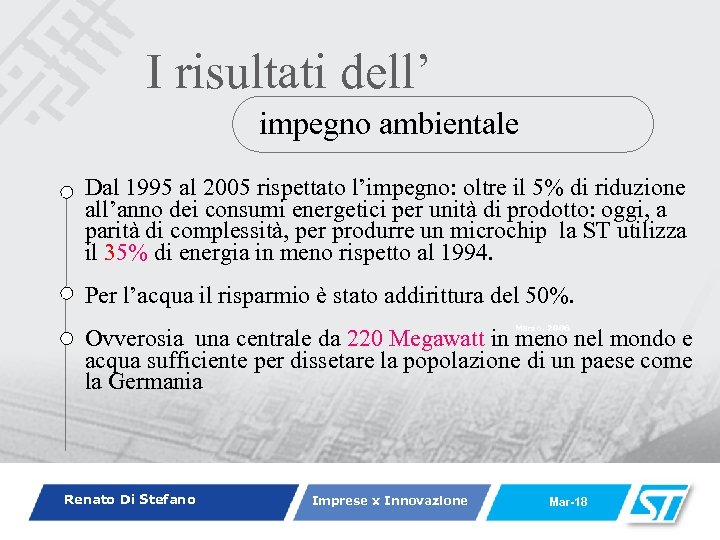 I risultati dell’ impegno ambientale Dal 1995 al 2005 rispettato l’impegno: oltre il 5%