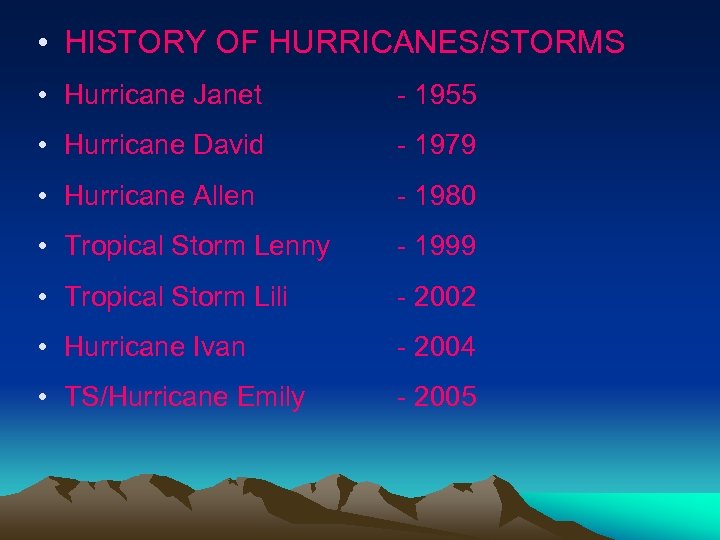  • HISTORY OF HURRICANES/STORMS • Hurricane Janet - 1955 • Hurricane David -
