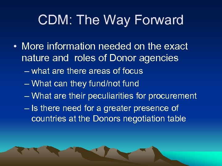 CDM: The Way Forward • More information needed on the exact nature and roles