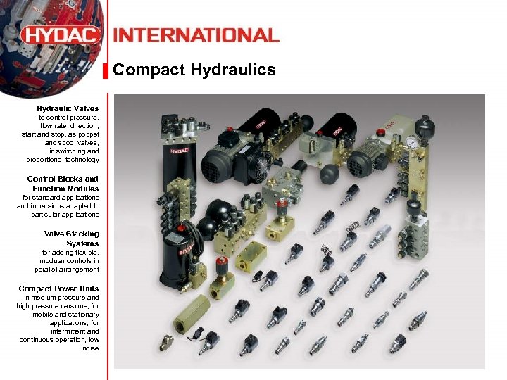 Compact Hydraulics Hydraulic Valves to control pressure, flow rate, direction, start and stop, as