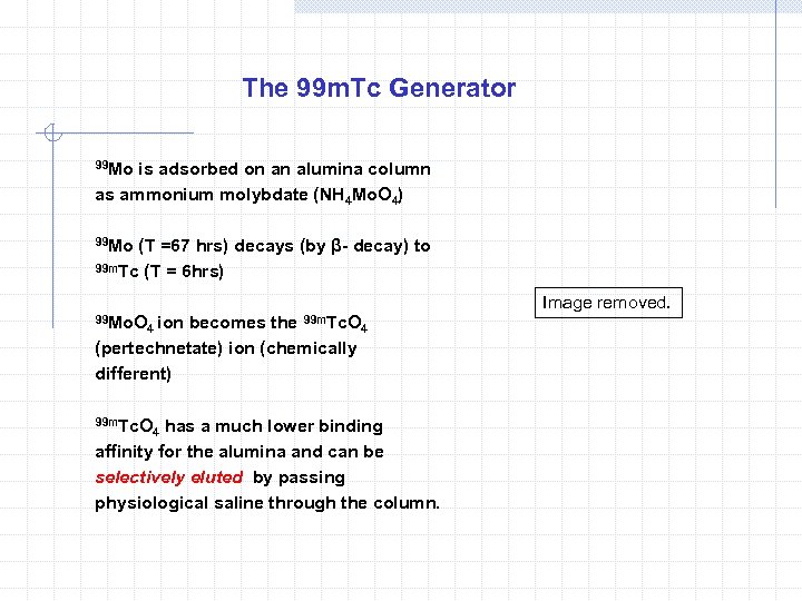 The 99 m. Tc Generator 99 Mo is adsorbed on an alumina column as