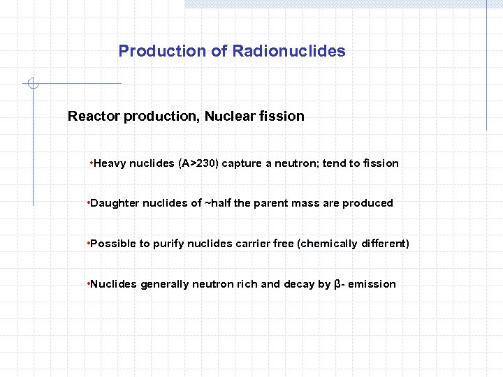 Production of Radionuclides Reactor production, Nuclear fission • Heavy nuclides (A>230) capture a neutron;