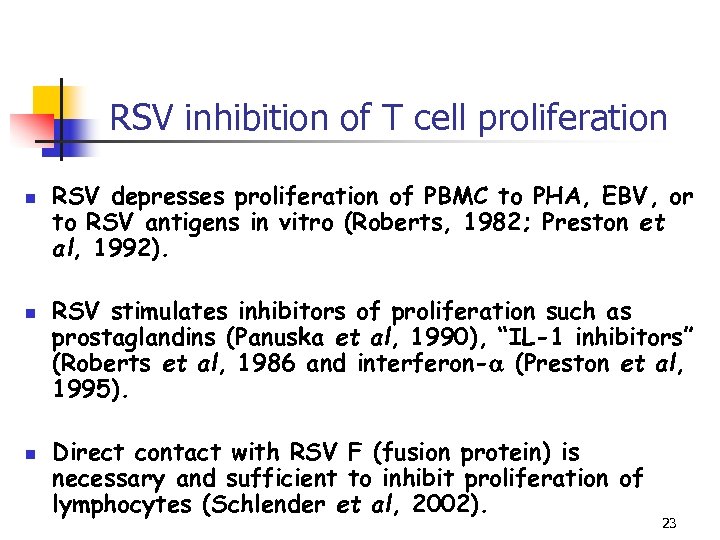 RSV inhibition of T cell proliferation n RSV depresses proliferation of PBMC to PHA,