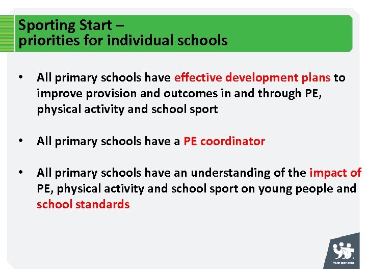 Sporting Start – priorities for individual schools • All primary schools have effective development