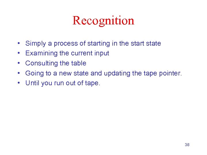 Recognition • • • Simply a process of starting in the start state Examining