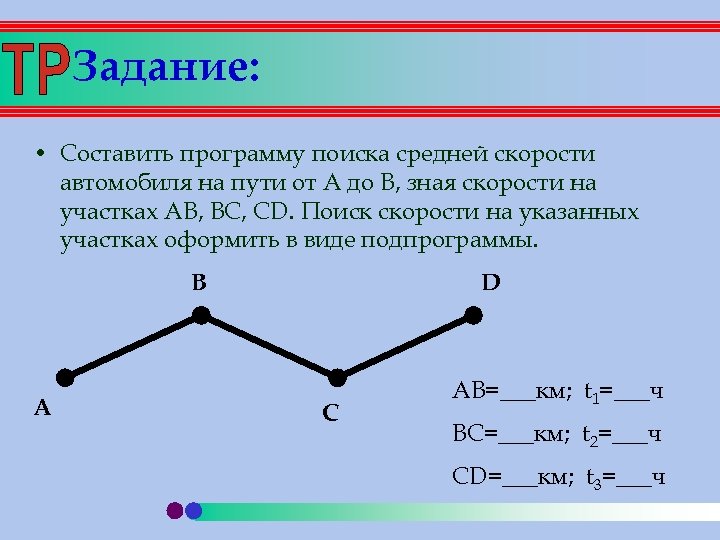 Задание: • Составить программу поиска средней скорости автомобиля на пути от А до В,