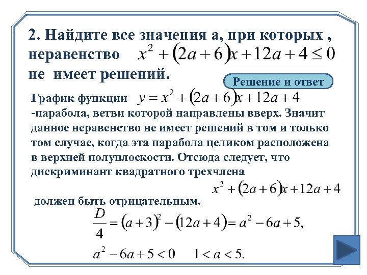 Запишите все значения при которых верно неравенство. Когда неравенство не имеет решений. Найдите все значения a, при которых неравенство не имеет решений.. Неравенства которые не имеют решения. Как понять что неравенство не имеет решений.