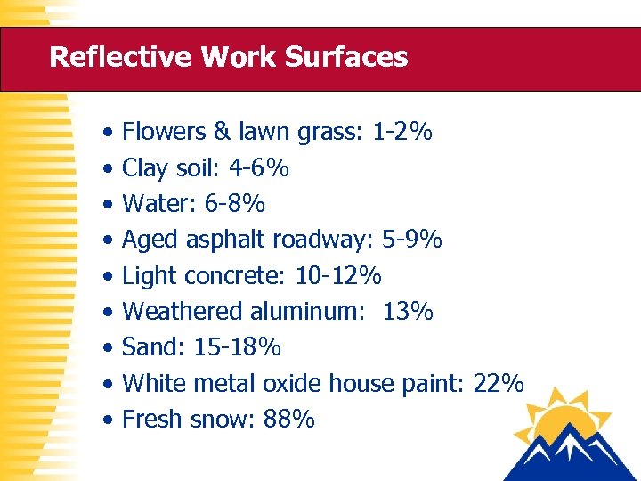 Reflective Work Surfaces • • • Flowers & lawn grass: 1 -2% Clay soil: