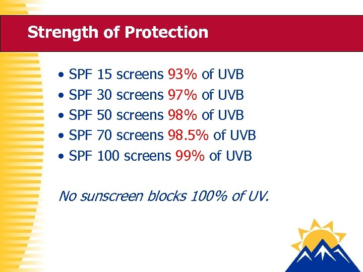 Strength of Protection • • • SPF SPF SPF 15 screens 93% of UVB