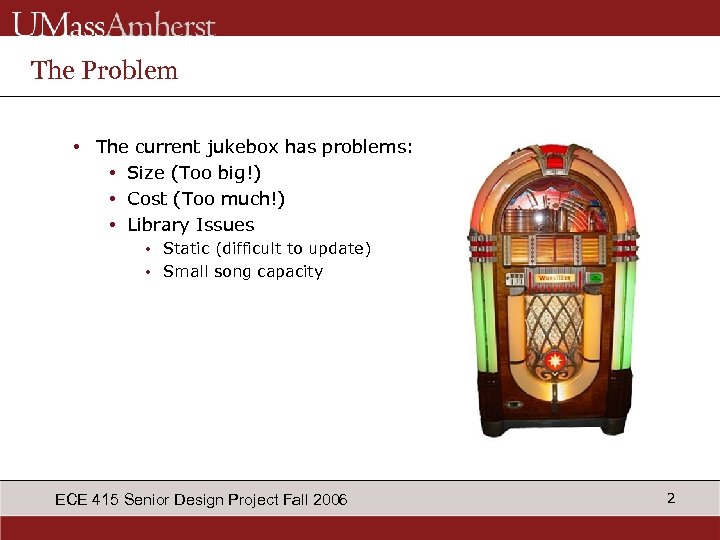 The Problem • The current jukebox has problems: • Size (Too big!) • Cost