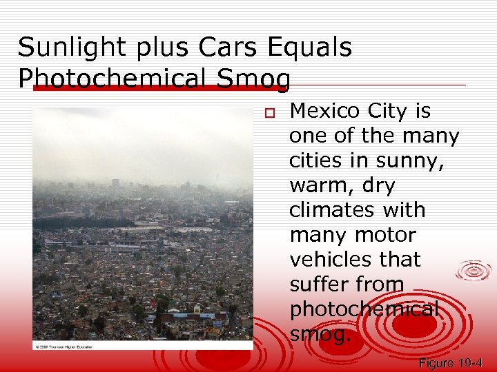 Sunlight plus Cars Equals Photochemical Smog o Mexico City is one of the many