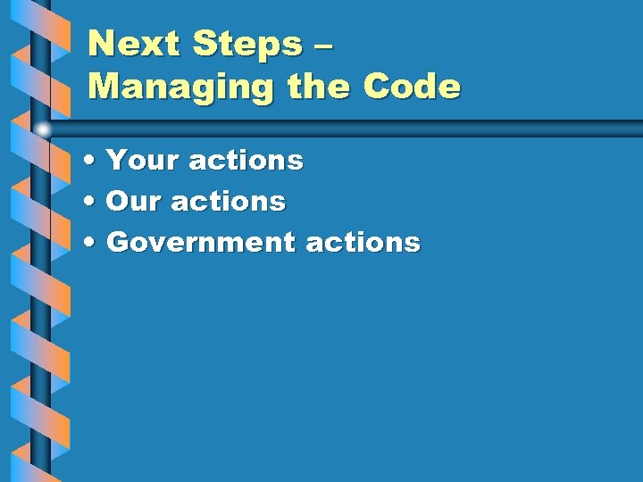 Next Steps – Managing the Code • Your actions • Our actions • Government