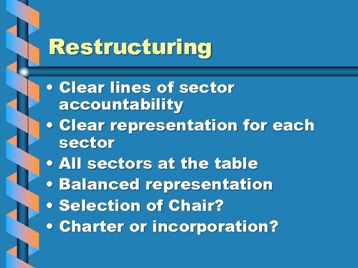 Restructuring • Clear lines of sector accountability • Clear representation for each sector •