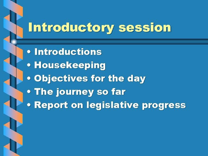 Introductory session • Introductions • Housekeeping • Objectives for the day • The journey