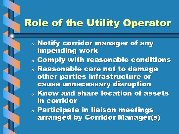 Role of the Utility Operator o o o Notify corridor manager of any impending