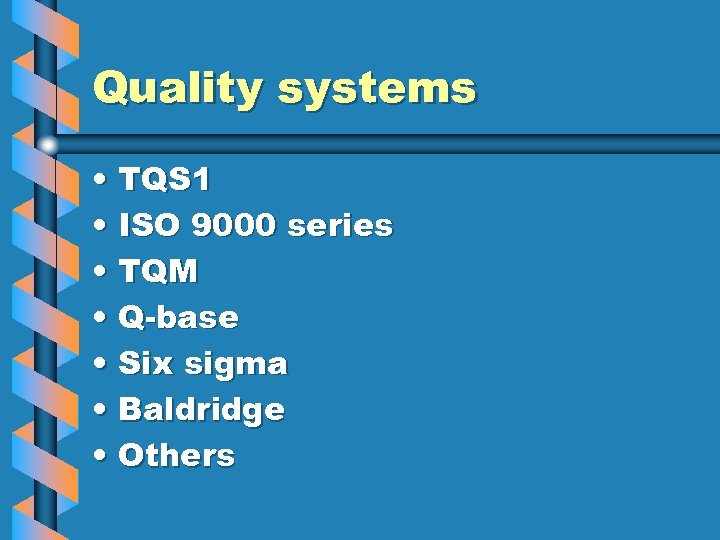 Quality systems • TQS 1 • ISO 9000 series • TQM • Q-base •