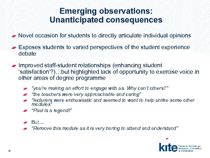 Emerging observations: Unanticipated consequences Novel occasion for students to directly articulate individual opinions Exposes