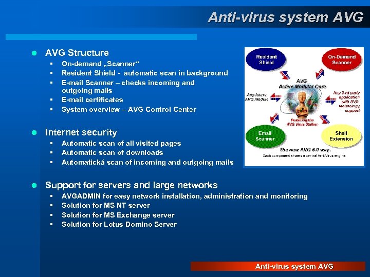 Anti-virus system AVG l AVG Structure § § § l Internet security § §