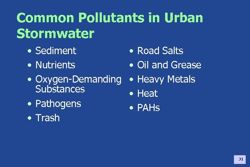 Common Pollutants in Urban Stormwater • Sediment • Nutrients • Oxygen-Demanding Substances • Pathogens