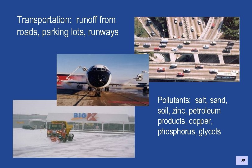 Transportation: runoff from roads, parking lots, runways Pollutants: salt, sand, soil, zinc, petroleum products,