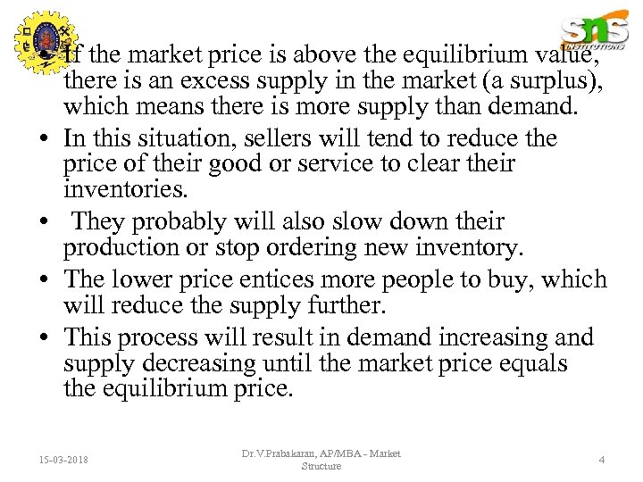  • If the market price is above the equilibrium value, there is an