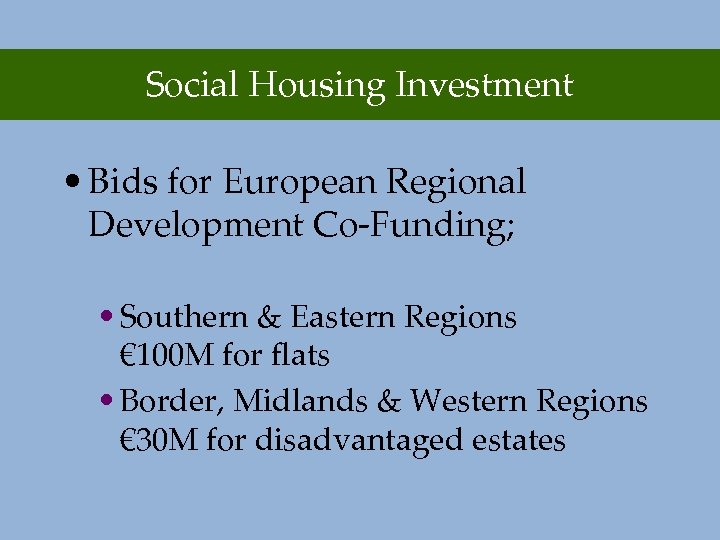 Social Housing Investment • Bids for European Regional Development Co-Funding; • Southern & Eastern