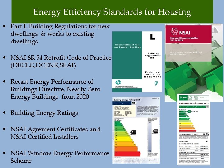 Energy Efficiency Standards for Housing • Part L Building Regulations for new dwellings &